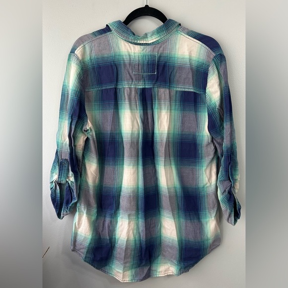 Arizona Jean Company Sz XL Plaid blue/white ombré 3/4 sleeve pullover Blouse - Picture 5 of 6